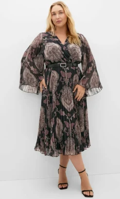 Eloise Pleat Belted Midi Dress - dark chocolate