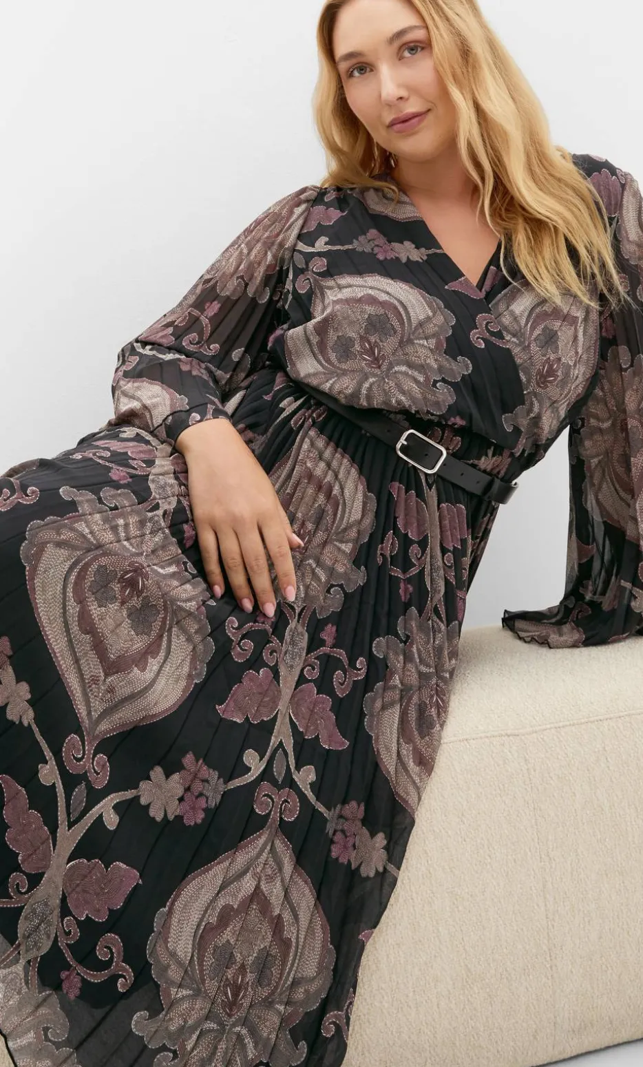Eloise Pleat Belted Midi Dress - dark chocolate