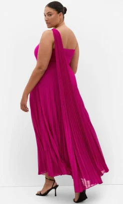 Eloura One Shoulder Pleat Maxi Dress - framboise