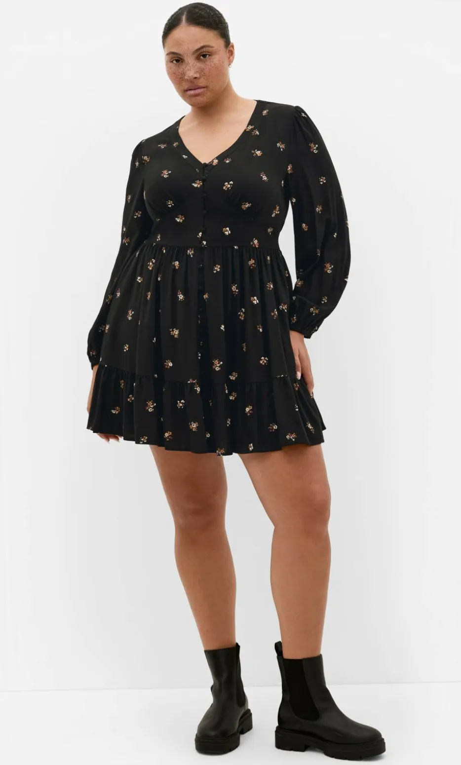 Elsie Print Long Sleeve Mini Dress - black
