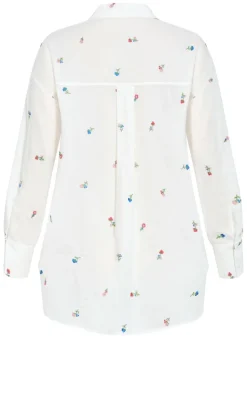 Embroidery Floral Print Cotton Shirt - ivory