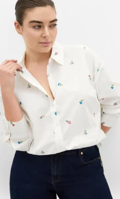Embroidery Floral Print Cotton Shirt - ivory