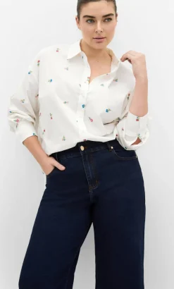 Embroidery Floral Print Cotton Shirt - ivory