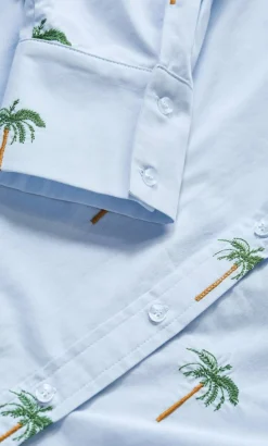 Embroidery Palm Print Cotton Shirt - sky blue