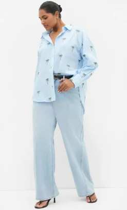 Embroidery Palm Print Cotton Shirt - sky blue