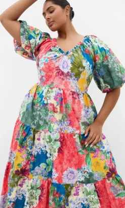 Fantasy Berry Floral Print V Neck Dress - sage