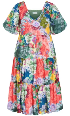 Fantasy Berry Floral Print V Neck Dress - sage