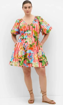 Fantasy Holiday Print Puff Sleeve Mini Dress - pink