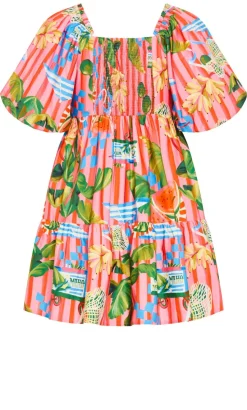 Fantasy Holiday Print Puff Sleeve Mini Dress - pink