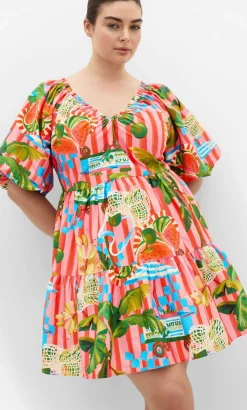 Fantasy Holiday Print Puff Sleeve Mini Dress - pink