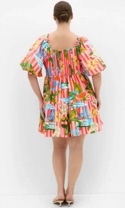 Fantasy Holiday Print Puff Sleeve Mini Dress - pink