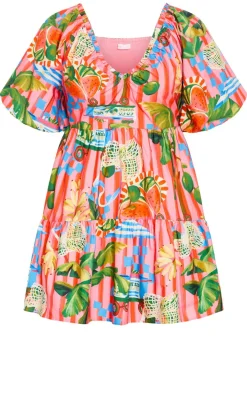 Fantasy Holiday Print Puff Sleeve Mini Dress - pink