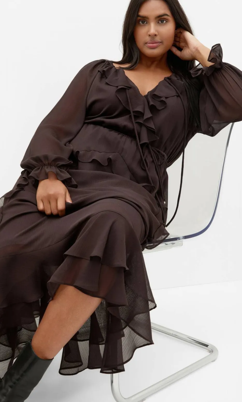 Glam Frill Maxi Dress - espresso