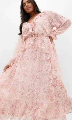 Glam Frill Print Maxi Dress - blush pink