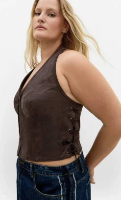 Harlow Sueded Halter Zip Top - espresso