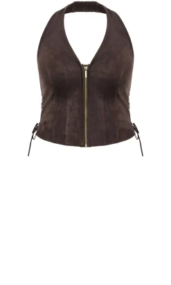 Harlow Sueded Halter Zip Top - espresso
