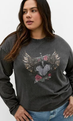Heart Break Long Sleeve Cotton Tee - charcoal wash