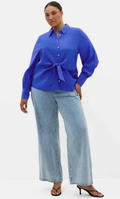 Isabella Long Sleeve Tie Front Shirt - ocean blue