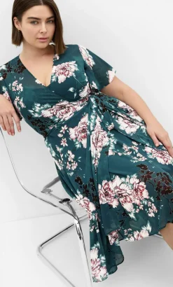 Jade Blossom Print Short Sleeve Midi Dress - jade