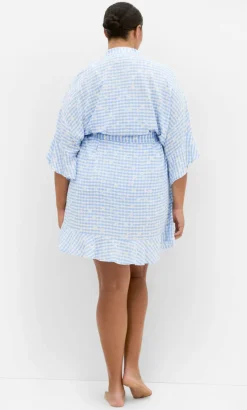 Kitty Check Print Sleep Kimono - baby blue