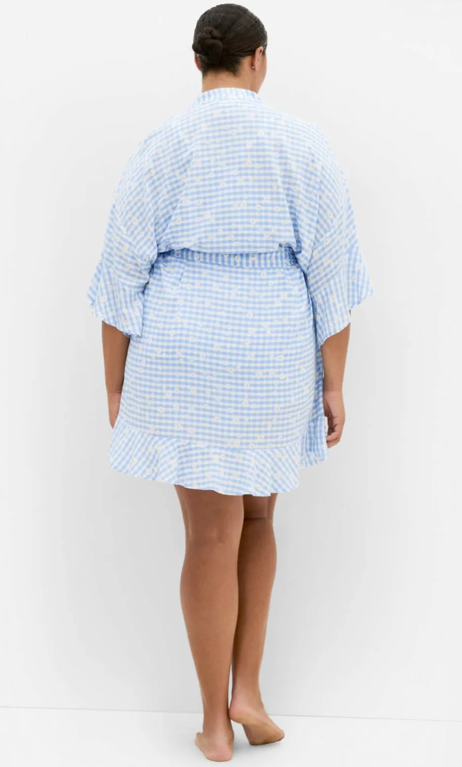 Kitty Check Print Sleep Kimono - baby blue