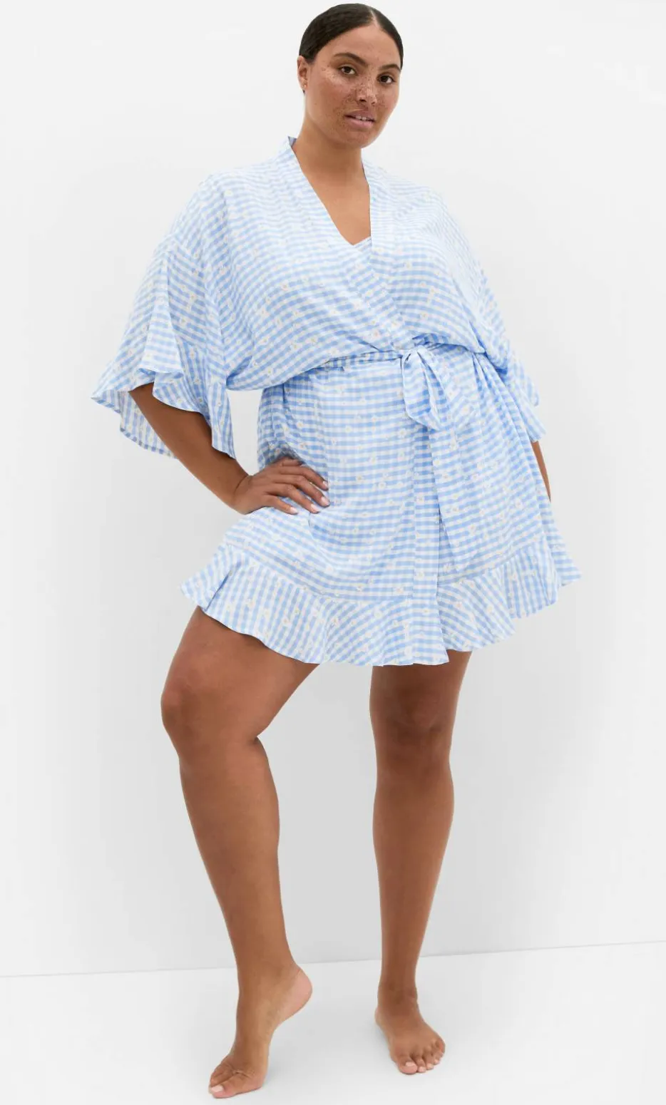 Kitty Check Print Sleep Kimono - baby blue