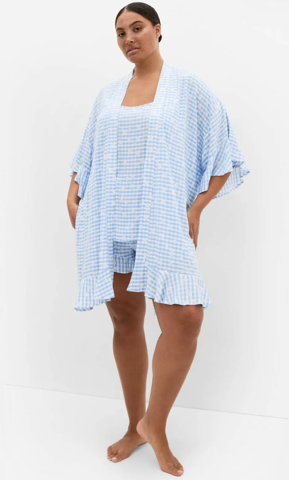 Kitty Check Print Sleep Kimono - baby blue
