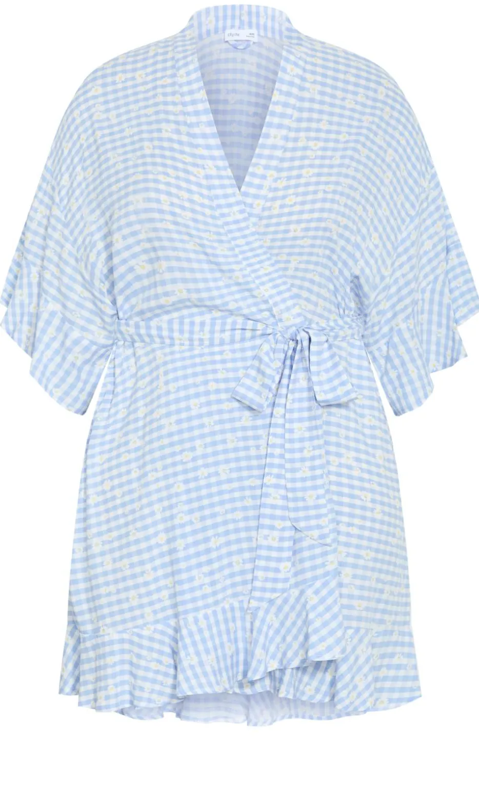 Kitty Check Print Sleep Kimono - baby blue