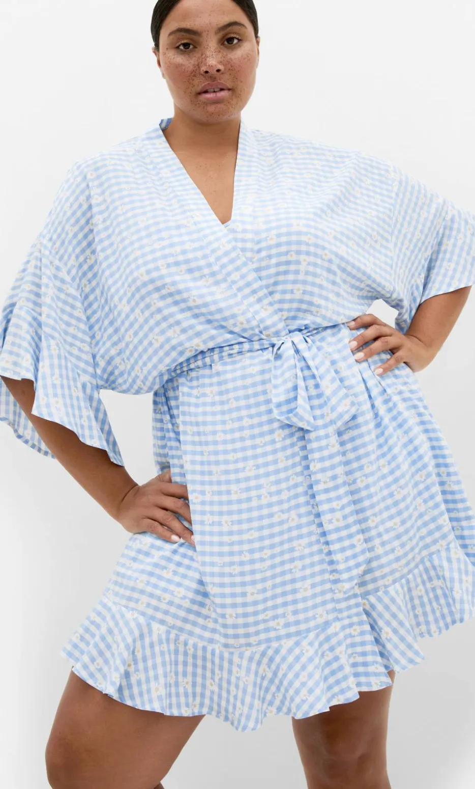 Kitty Check Print Sleep Kimono - baby blue