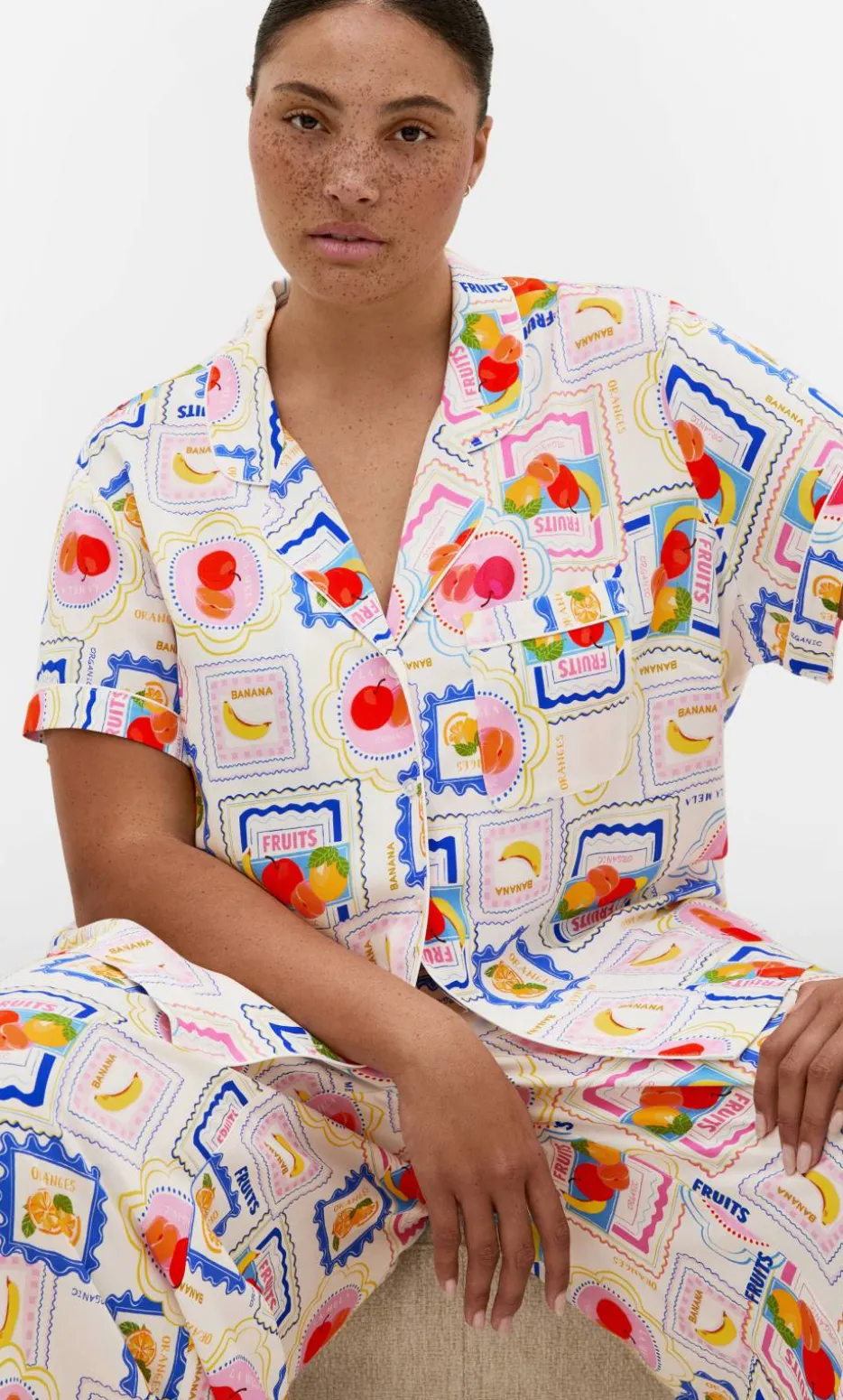 Kitty Citrus Print Pyjama Shirt - ivory