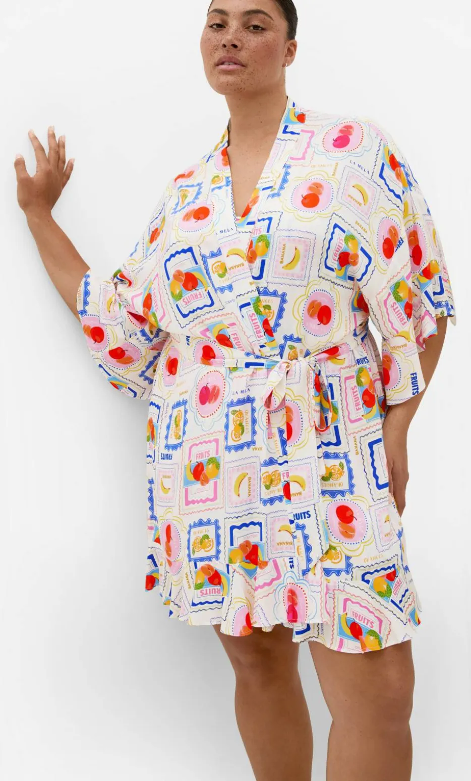 Kitty Citrus Print Sleep Kimono - ivory