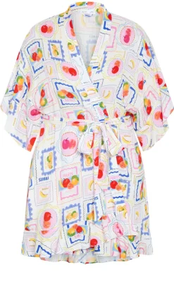 Kitty Citrus Print Sleep Kimono - ivory
