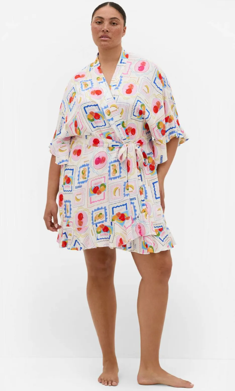 Kitty Citrus Print Sleep Kimono - ivory