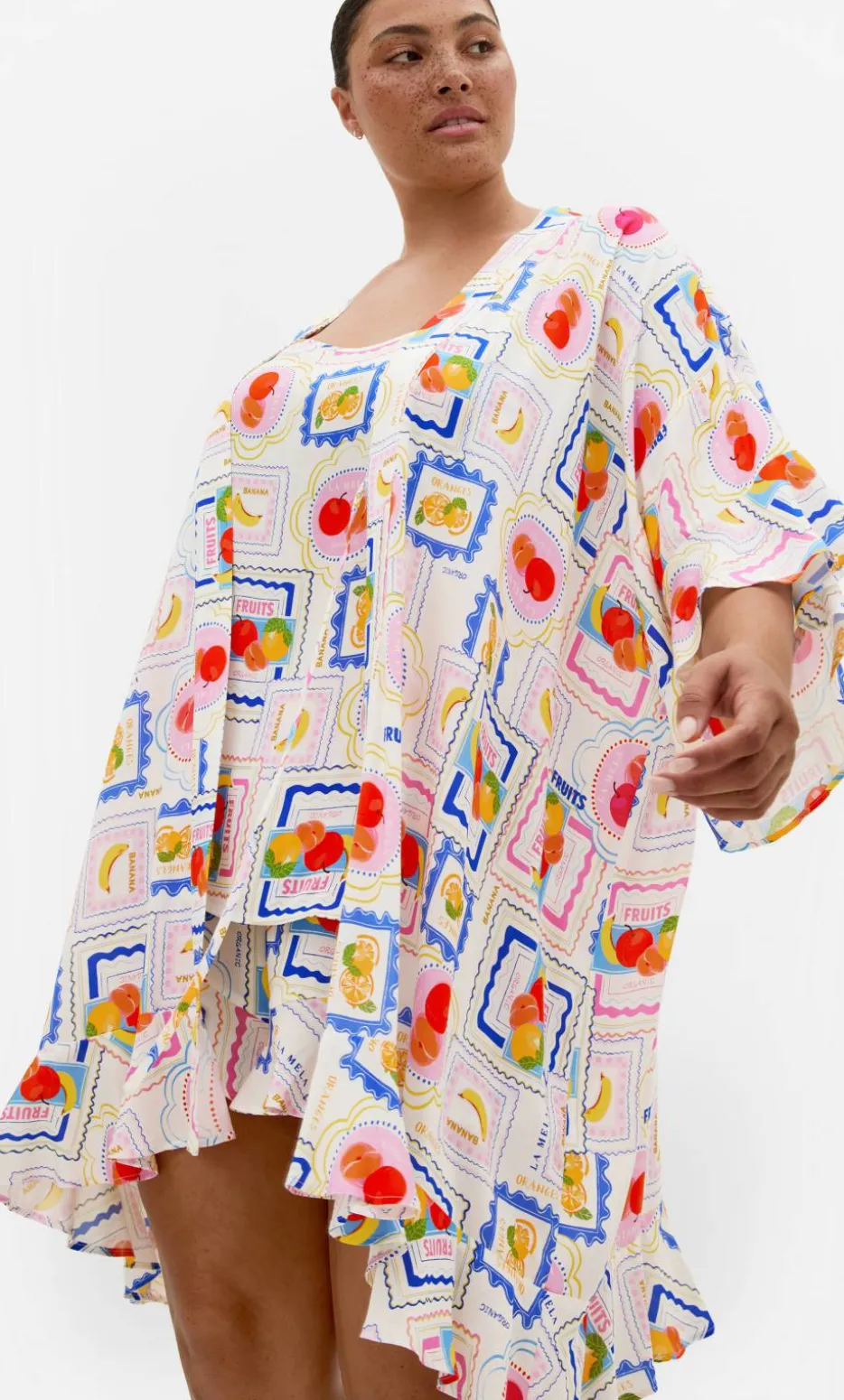Kitty Citrus Print Sleep Kimono - ivory