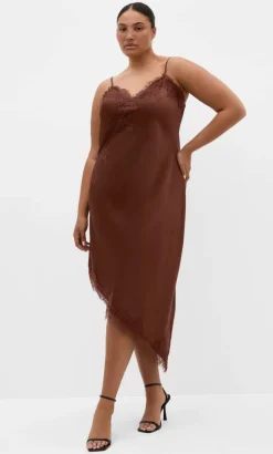 Lace Trim Asymmetrical Hem Dress - light espresso