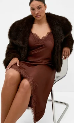 Lace Trim Asymmetrical Hem Dress - light espresso