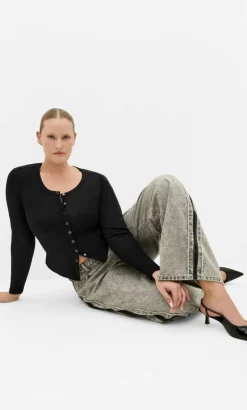 Lily Button Through Rib Top - black