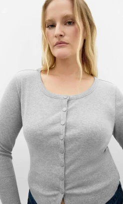 Lily Button Through Rib Top - grey marle