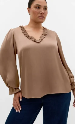 Maia Ruffle V Neck Top - almond