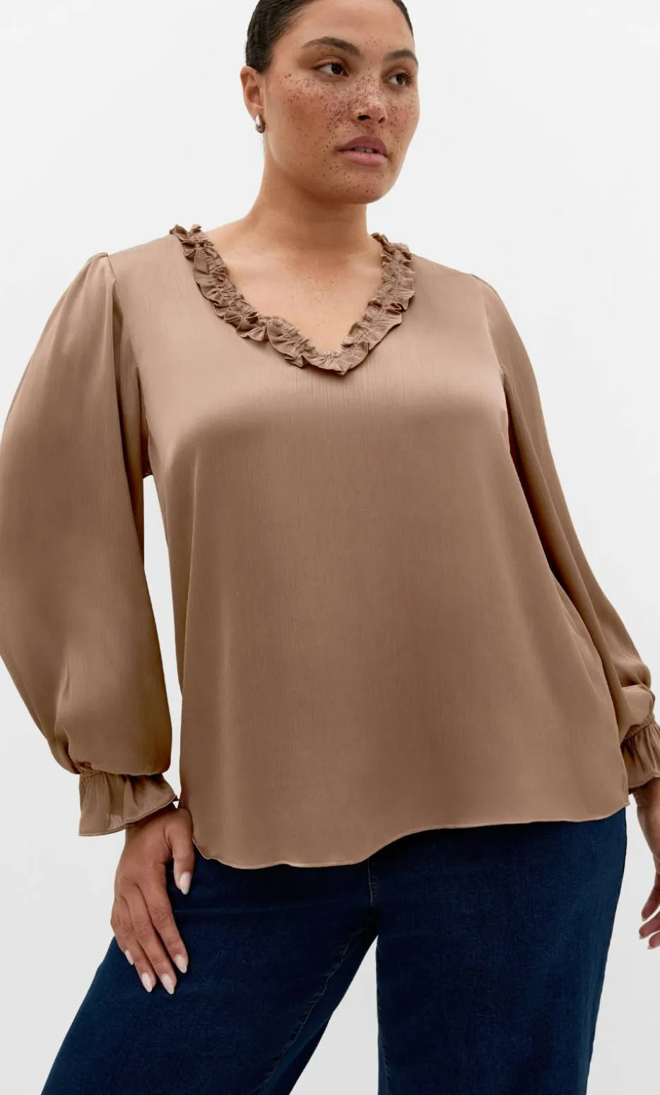 Maia Ruffle V Neck Top - almond