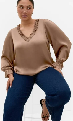 Maia Ruffle V Neck Top - almond