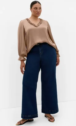 Maia Ruffle V Neck Top - almond