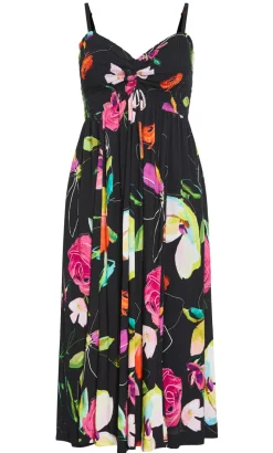 Malina Sketch Print Shirred Maxi Dress - black