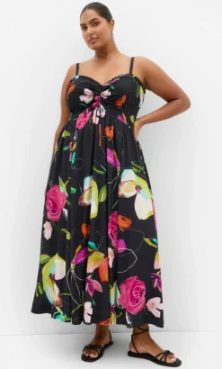 Malina Sketch Print Shirred Maxi Dress - black