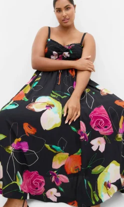 Malina Sketch Print Shirred Maxi Dress - black