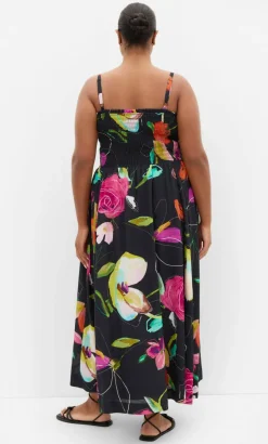 Malina Sketch Print Shirred Maxi Dress - black