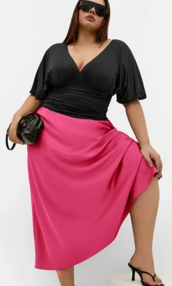 Miranda Satin Midi Skirt - raspberry