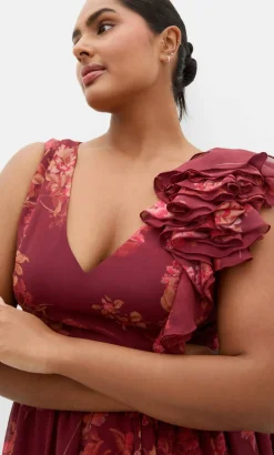 Mystique Print Ruffle Maxi Dress - rust