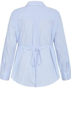 Neck Tie Cotton Stripe Shirt - sky blue