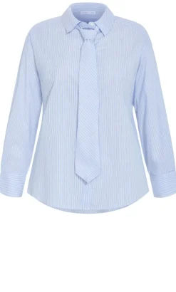 Neck Tie Cotton Stripe Shirt - sky blue